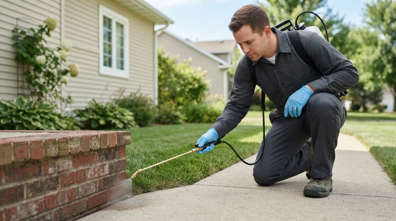 Pest control technician treating a home near Lakefield, MN